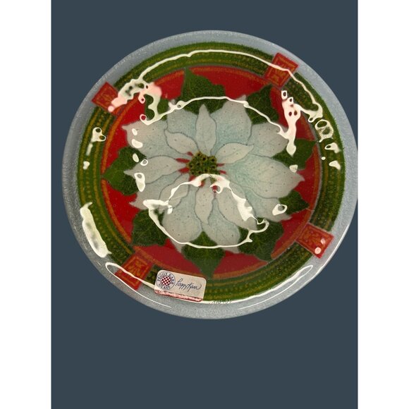 Peggy Karr Glass Holiday Poinsettia Plate 7.75" Handmade In USA Vibrant Red Gree - Picture 2 of 6
